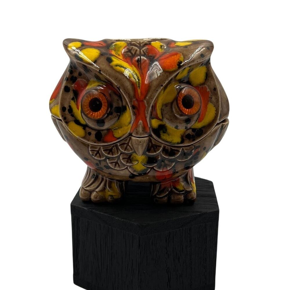 Vintage Speckled Big Eyes Ceramic Owl Handmade Dish Bowl MCM 2‎ Piece CHIP